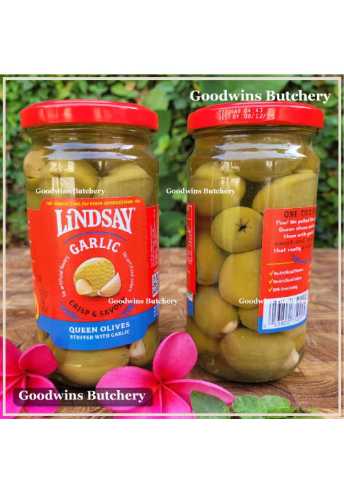 Pickle olive GREEN QUEEN OLIVE stuffed with GARLIC crisp & savory LINDSAY Spain dr. wt. 7oz 198g (JUMBO SIZE)